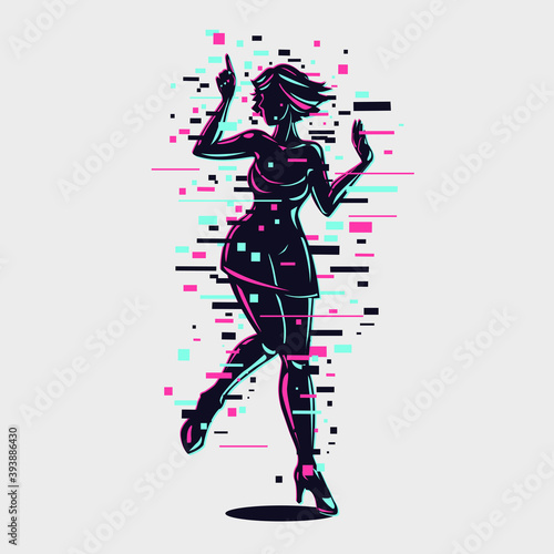 Young girl silhouette with glitch style effect. Dancing woman modern style illustration. Female hologram digital art. Cyberpunk illustration.