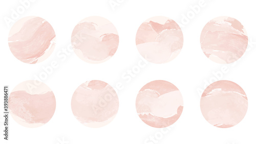 Pink watercolor story highlight cover icons. Set of abstract pastel pink watercolor circles design. Highlight cover for social media stories
