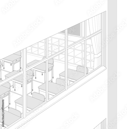 学校　校舎　教室　窓際　漫画風背景素材