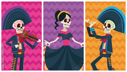 dia de los muertos celebration card with skeletons group colors characters