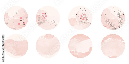 Vector set of round watercolor icons for social media stories. Highlight icons. Pink watercolor highlight cover icons collection. Abstract minimal trendy backgrounds with pastel colors.