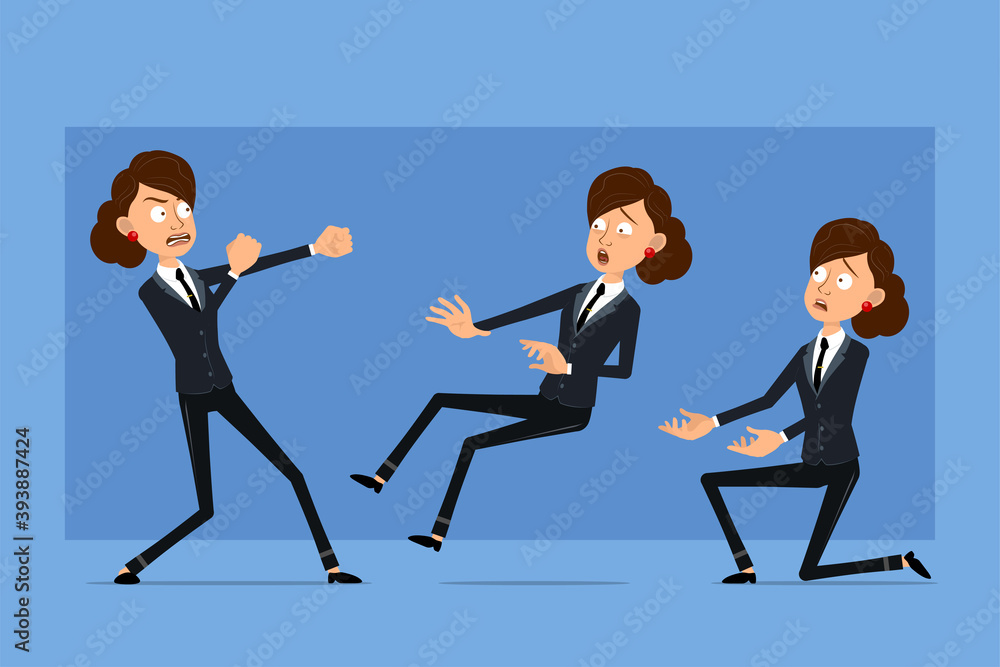 Cartoon flat funny business woman character in black suit with black tie. Girl fighting, falling back and standing on knee. Ready for animation. Isolated on blue background. Vector set. Cartoon flat funny business woman character in black suit with black tie. Girl fighting, falling back and standing on knee. Ready for animation. Isolated on blue background. Vector set.