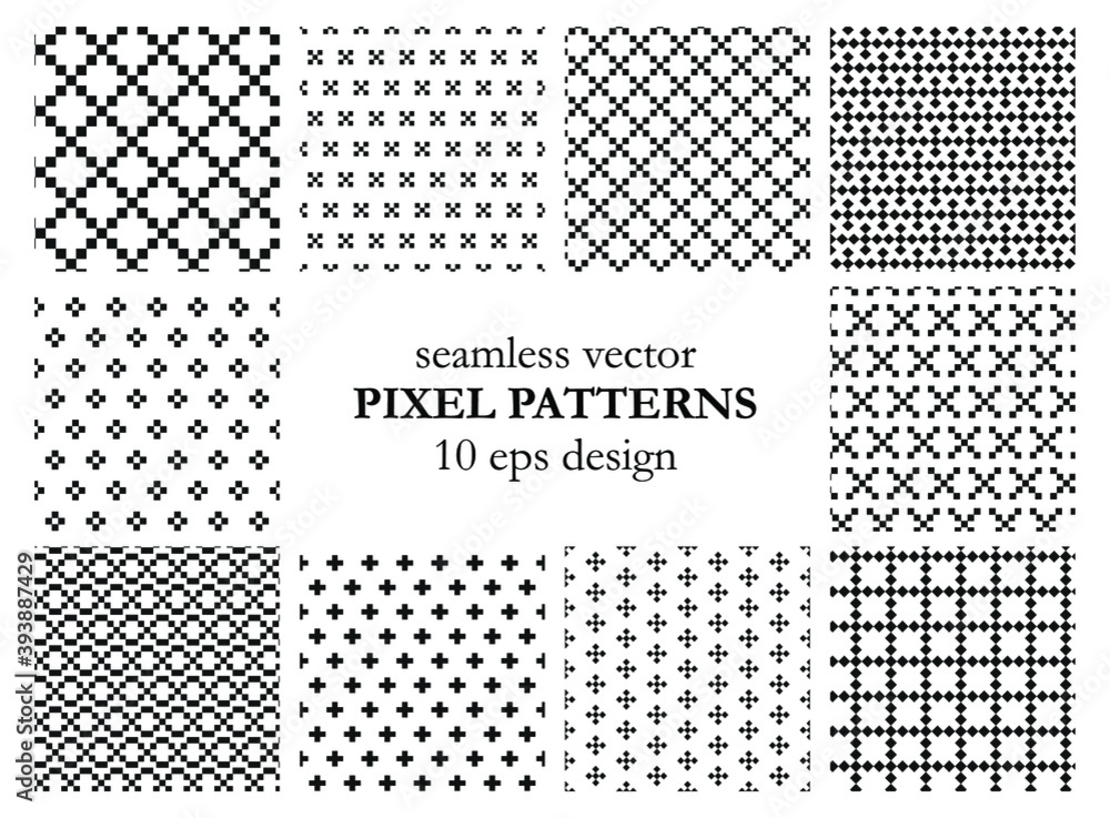 Set of seamless vector pixel patterns. Black and white backgrounds for fabric, textile, cover, web, wrapping etc. Collection of 10 eps design wallpapers.