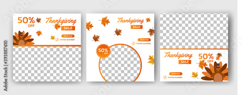 Set of editable square banner template. Happy thanksgiving with turkey and autumn leaf illustration. Usable for social media, banner, and web.