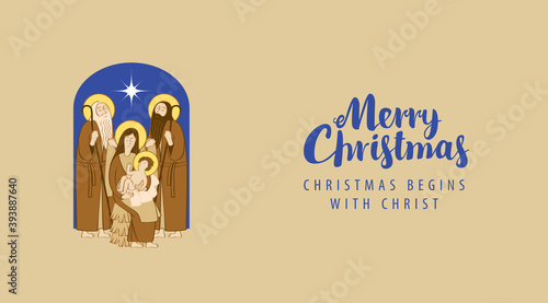 Postal envelope with illustration in cartoon style on a Christmas theme. Holy Family and shining Christmas star. Christmas Nativity scene, Mary and Jesus. Bible illustration of Adoration of the Magi