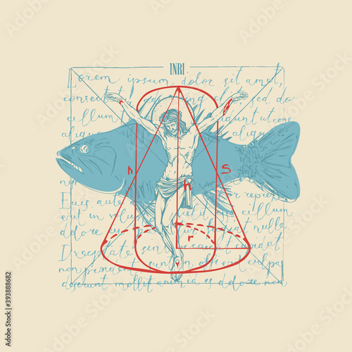 Abstract hand-drawn banner with Jesus Christ, fish and geometric figures on the background of handwritten text lorem ipsum. Religious illustration with a crucifix on old paper in retro style