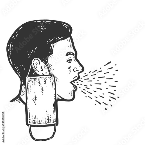 Coughing man with mask removed. Engraving vector illustration.