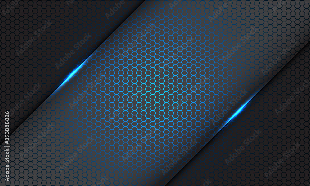 Abstract blue hexagon mesh pattern light slash on grey on grey design modern futuristic technology background vector illustration. Abstract blue hexagon mesh pattern light slash on grey on grey design modern futuristic technology background vector illustration.