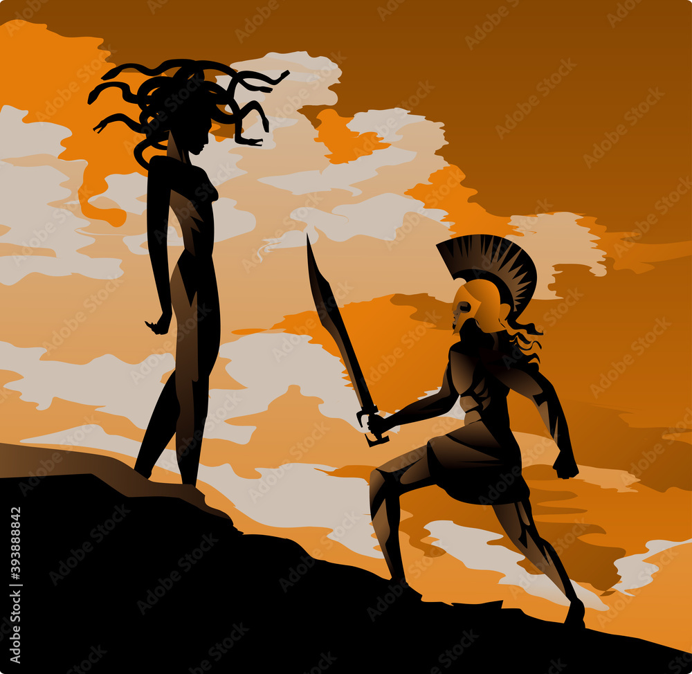 Φωτογραφία orange and black pottery painting of perseus fighting the medusa