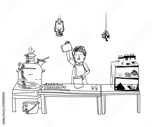 Tea shop drawing Design with white Background. coffee house drawing.