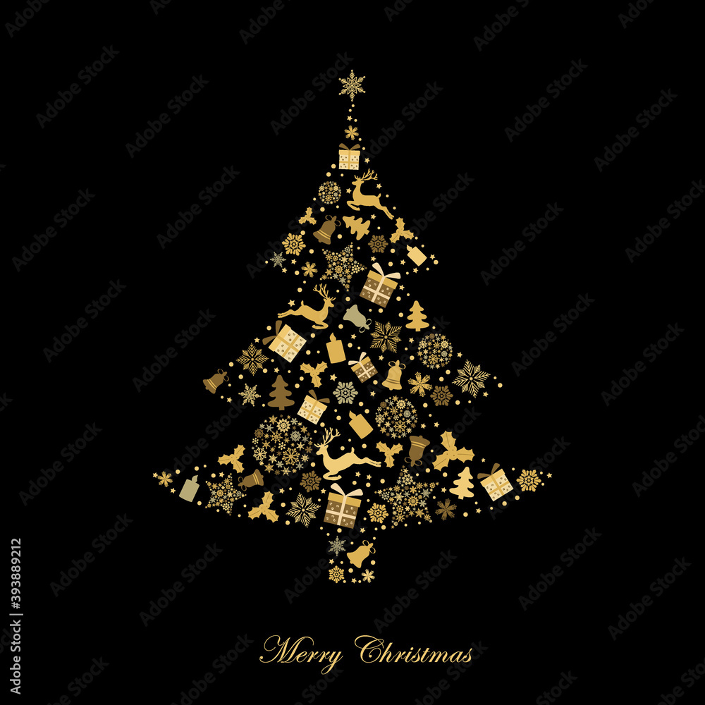 Christmas tree made of gold Christmas deer, gifts, snowflakes, christmas tree on black background. Vector illustration. Gold pattern. New year them.