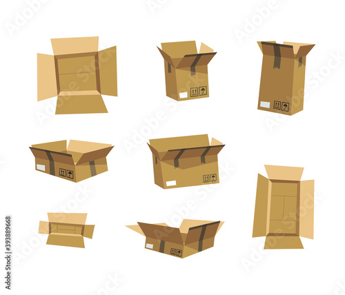 Carton Open and Closed Recycling Boxes Set. Cartoon Style Illustration Delivery Packaging. Flat Graphic Design Forwarding Clip Art. Vector Collection Mockup Isolated on White Background