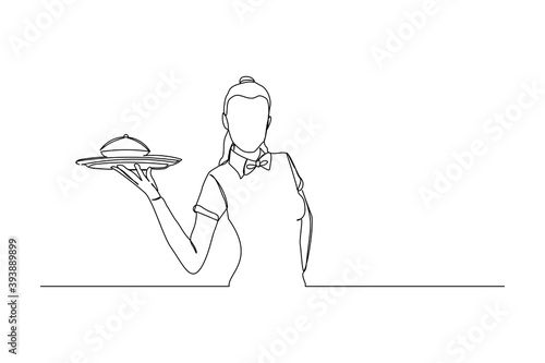continuous line drawing of waiters woman holding order food tray for customer. One line art concept of restaurant worker. Vector illustration