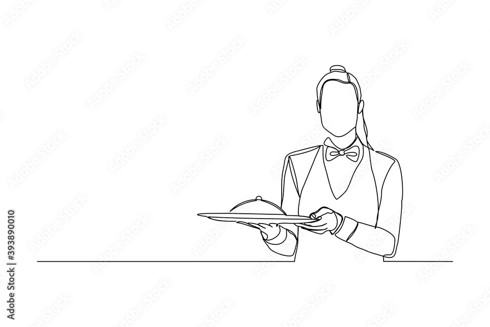 continuous line drawing of waiters woman holding order food tray for customer. One line art concept of restaurant worker. Vector illustration continuous line drawing of waiters woman holding order food tray for customer. One line art concept of restaurant worker. Vector illustration