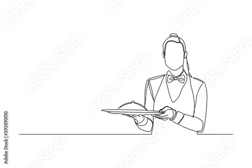 continuous line drawing of waiters woman holding order food tray for customer. One line art concept of restaurant worker. Vector illustration