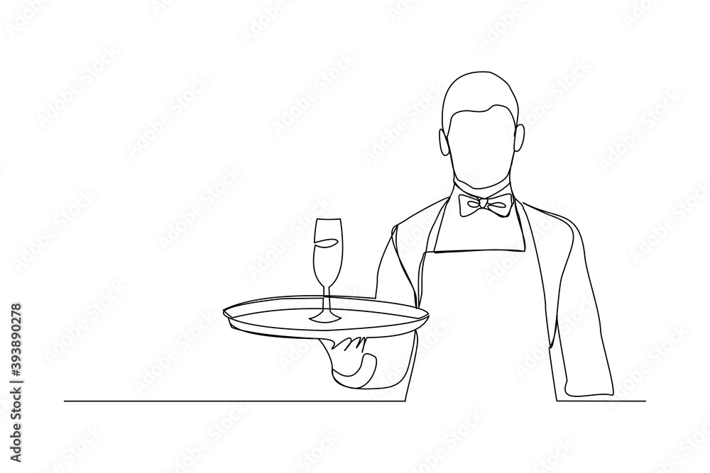 continuous line drawing of waiters man holding order glass wine on the tray for customer. One line art concept of restaurant bar and cafe worker. Vector illustration continuous line drawing of waiters man holding order glass wine on the tray for customer. One line art concept of restaurant bar and cafe worker. Vector illustration