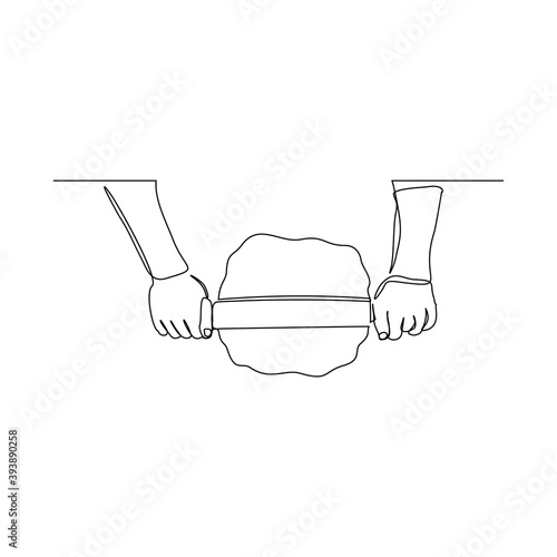 Continuous line drawing of chef hand rolling bakery pizza dough use wooden rolling pins. One line concept of bake receipt cooking. Vector illustration