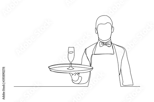 continuous line drawing of waiters man holding order glass wine on the tray for customer. One line art concept of restaurant bar and cafe worker. Vector illustration