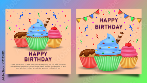 Happy birthday greeting card with cake and ribbon