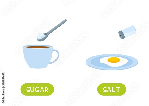 SUGAR and SALT antonyms word card vector template. Flashcard for english language learning. Opposites concept. Adding sugar to tea, adding salt to scrambled eggs