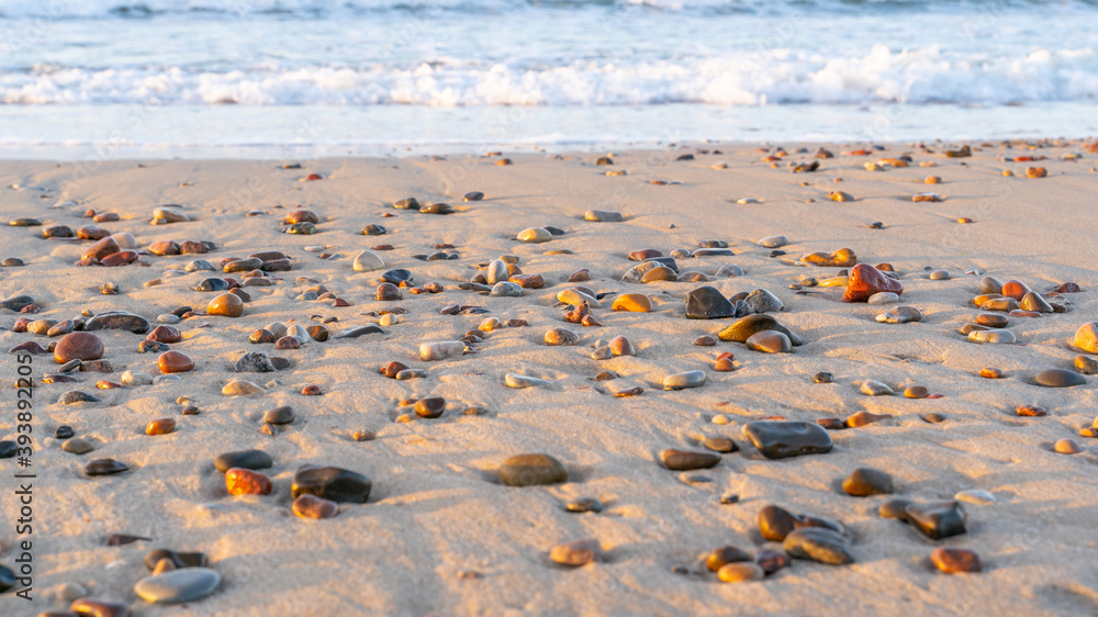 small pebbles on the golden sand of the beach under the sun