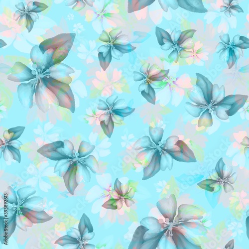 Light seamless floral pattern with graphic blossom. Beautiful pattern wiyh watercolor and sketching flowers.