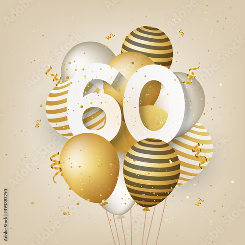 Happy 60th birthday with gold balloons greeting card background. 60 years anniversary. 60th celebrating with confetti. Vector stock