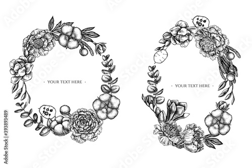 Floral Wreath of black and white ficus, eucalyptus, peony, cotton, freesia, brunia