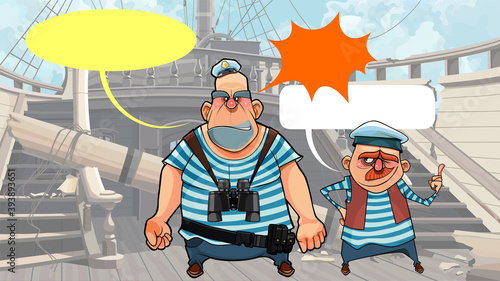 cartoon sailors stand on the deck of a dilapidated wooden ship and talk
