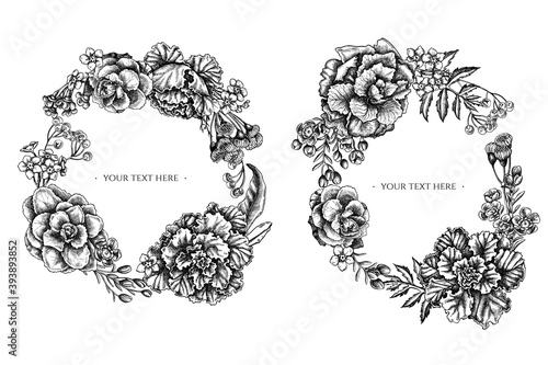 Floral Wreath of black and white wax flower, forget me not flower, tansy, ardisia, brassica, decorative cabbage