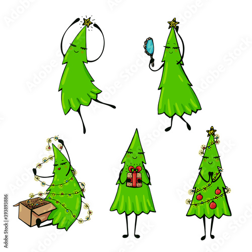 Vector set of bright green Christmas trees on a white background. Vector illustration
