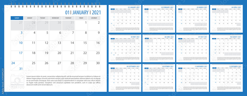 Vector 2021 calendar planner template for office and print, Sunday week start, color illustration