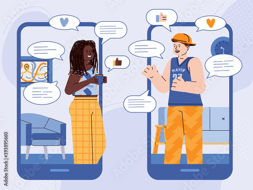 Video chat banner concept with young people communicating via mobile phone application, flat vector illustration. Video call and online communication technology.