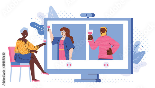 Concept of video chat, online meeting, virtual party or remote communication with friends. Girl in home drink wine with family who far away or in quarantine. Vector illustration