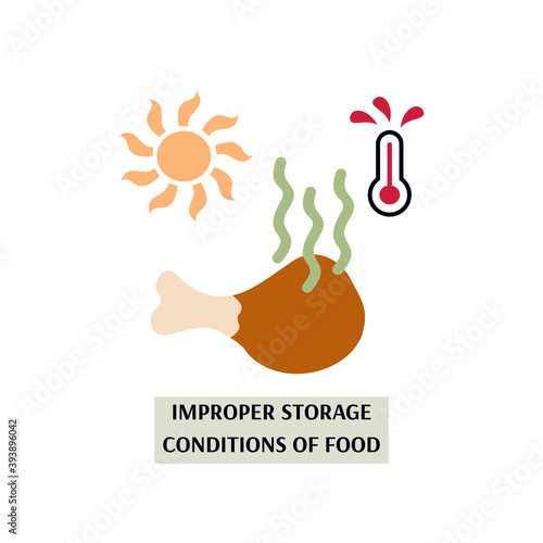 Improper food storage condition - safety hazard, violation concept. Spoiled smelly chicken meat going bad in sun heat and high temperature, vector illustration.