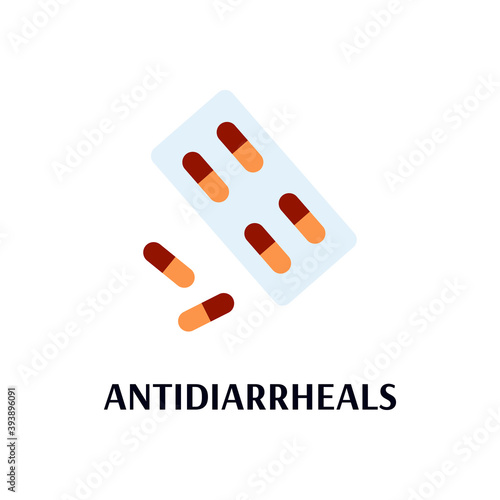 Antidiarrheals encapsulated pills palette icon or symbol, cartoon flat vector illustration isolated on white background. Medicamentation for treatment of diarrhea.