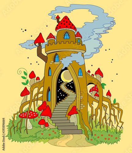 Fantasy forest castle from fairyland kingdom. Modern print for little children and kindergarten. Illustration for kids fairy tale book. Flat cartoon vector. Beautiful background for greeting card.