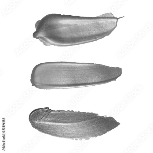 Vector silver metallic paint smear stroke stain set. Make up swatches. Acrylic color texture