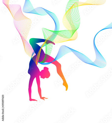 Rhythmic gymnastics girl silhouette with multi-colored lines