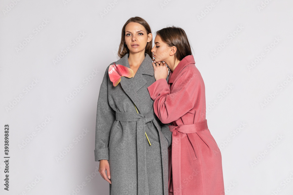 fashion portrait of two smiling brunette women models in summer casual hipster overcoat posing on gray background. Full length. 16:9 panoramic format.