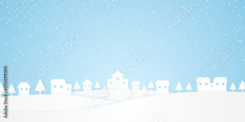 landscape, castle on hill with trees and snow falling in winter season, paper art style