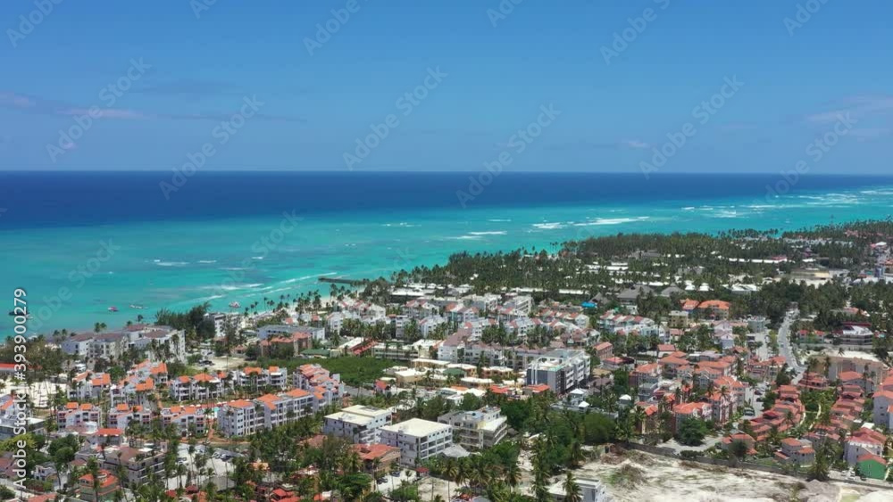 Tropical seashore with resorts and turquoise caribbean sea. Travel destinations. Bavaro, Dominican Republic. Aerial view Tropical seashore with resorts and turquoise caribbean sea. Travel destinations. Bavaro, Dominican Republic. Aerial view