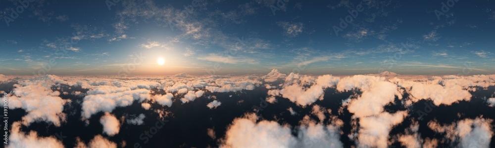 «Beautiful sky with clouds at sunset from a height of flight, heavenly landscape, sun in clouds, top view, banner,