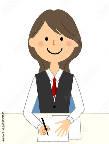記入する制服姿の女性