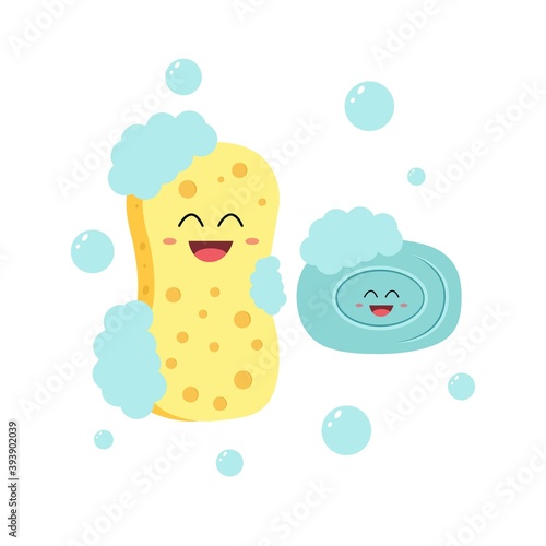 Vector set of cleaning service elements. Funny Soap, sponge and soap foam bubbles.