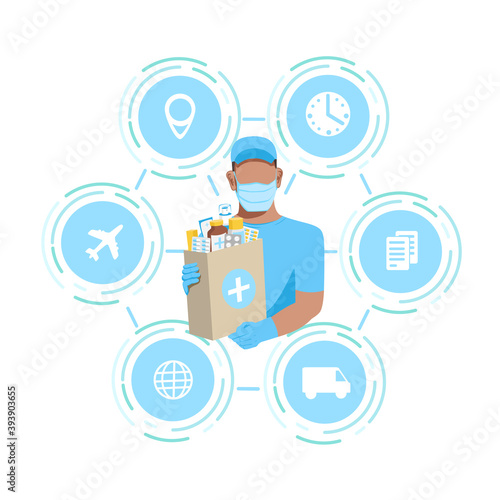 A courier wearing a protective mask and gloves delivers medicines. Quarantine and medicine. Vector illustration isolated on white background.