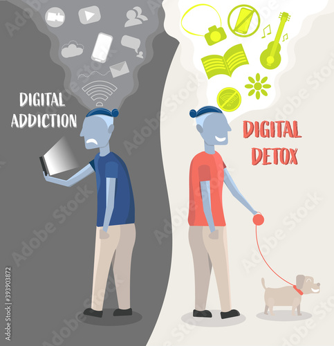 Digital detox concept of man using smartphone and walking a dog, not using digital devices