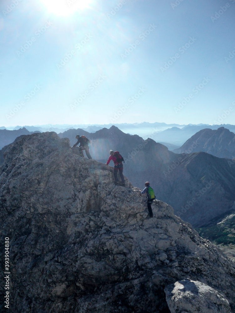 Climber at Jubilaumsgrat via ferrata, Zugspitze mountain, Germany