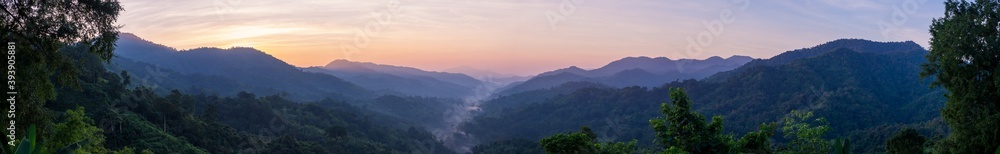 Panorama nature of hills and mountain are complex with the atmosphere of the morning sunrise, at Mae Wong National park, Kamphaeng Phet, Thailand.