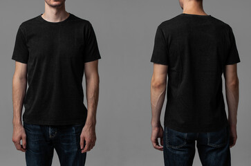 Young male in blank black t-shirt, front and back view. Design men t shirt template and mock-up for branding or print. 